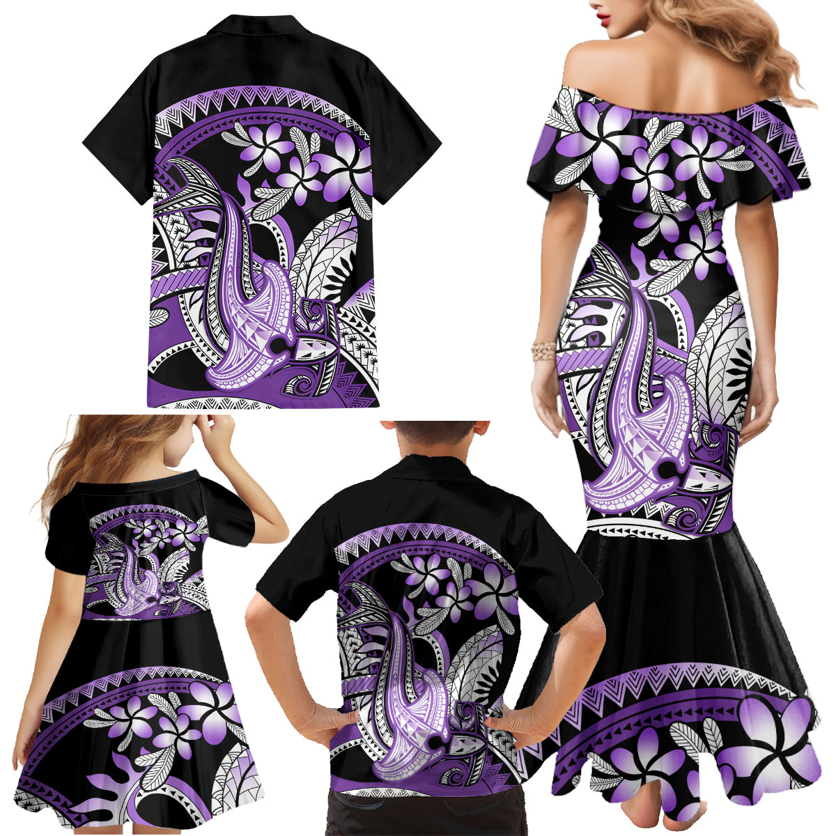 Purple Polynesian Family Matching Mermaid Dress and Hawaiian Shirt Hammerhead Shark Tattoo Royal Plumeria Gradient Vibes LT14 - Polynesian Pride