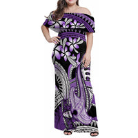 Purple Polynesian Family Matching Off Shoulder Maxi Dress and Hawaiian Shirt Hammerhead Shark Tattoo Royal Plumeria Gradient Vibes LT14 Mom's Dress Purple - Polynesian Pride