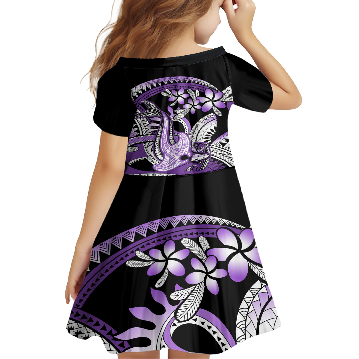 Purple Polynesian Family Matching Off Shoulder Short Dress and Hawaiian Shirt Hammerhead Shark Tattoo Royal Plumeria Gradient Vibes LT14 - Polynesian Pride