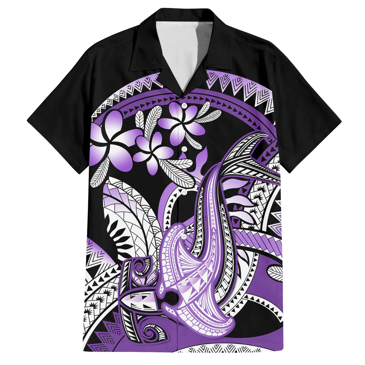 Purple Polynesian Family Matching Off Shoulder Short Dress and Hawaiian Shirt Hammerhead Shark Tattoo Royal Plumeria Gradient Vibes LT14 Dad's Shirt - Short Sleeve Purple - Polynesian Pride