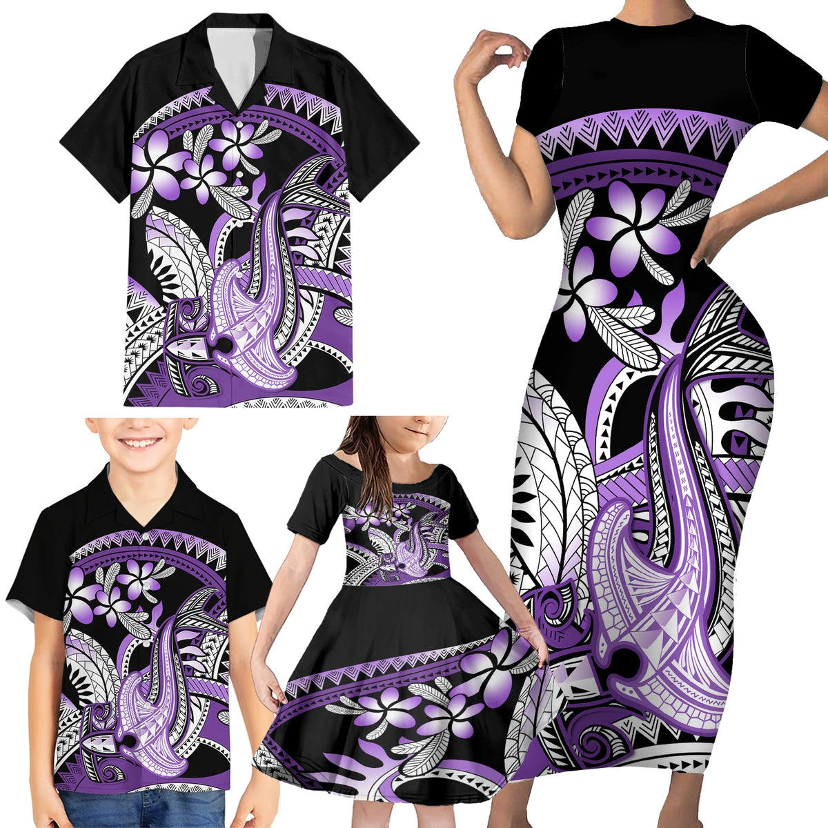 Purple Polynesian Family Matching Short Sleeve Bodycon Dress and Hawaiian Shirt Hammerhead Shark Tattoo Royal Plumeria Gradient Vibes LT14 - Polynesian Pride
