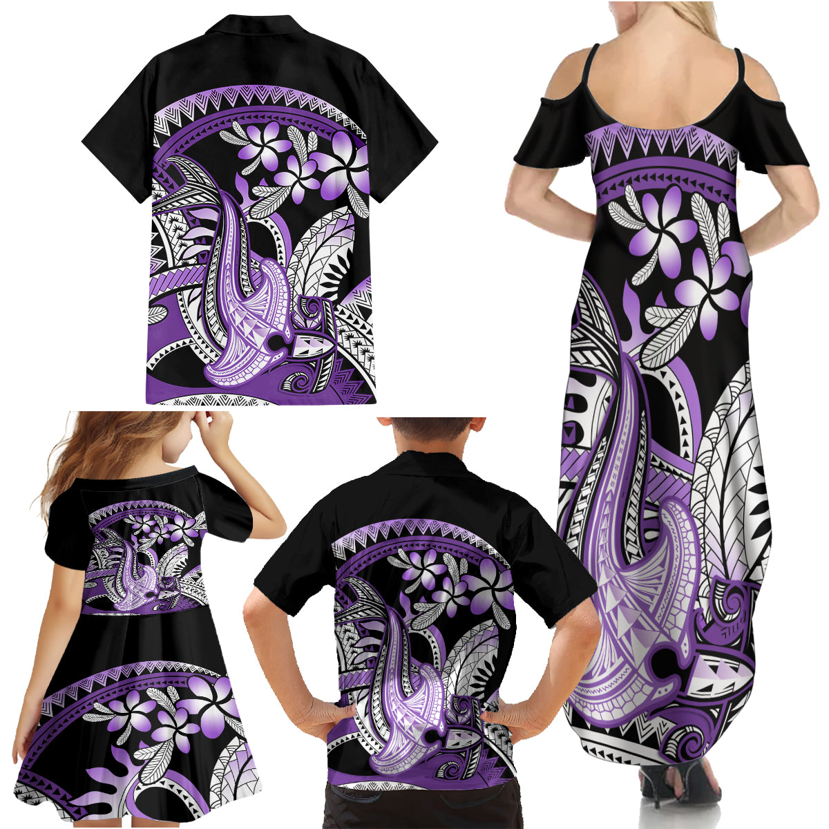Purple Polynesian Family Matching Summer Maxi Dress and Hawaiian Shirt Hammerhead Shark Tattoo Royal Plumeria Gradient Vibes LT14 - Polynesian Pride