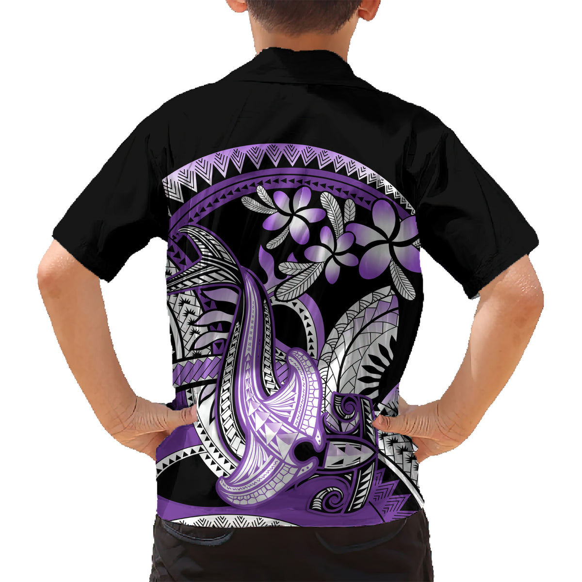 Purple Polynesian Kid Hawaiian Shirt Hammerhead Shark Tattoo Royal Plumeria Gradient Vibes LT14 - Polynesian Pride