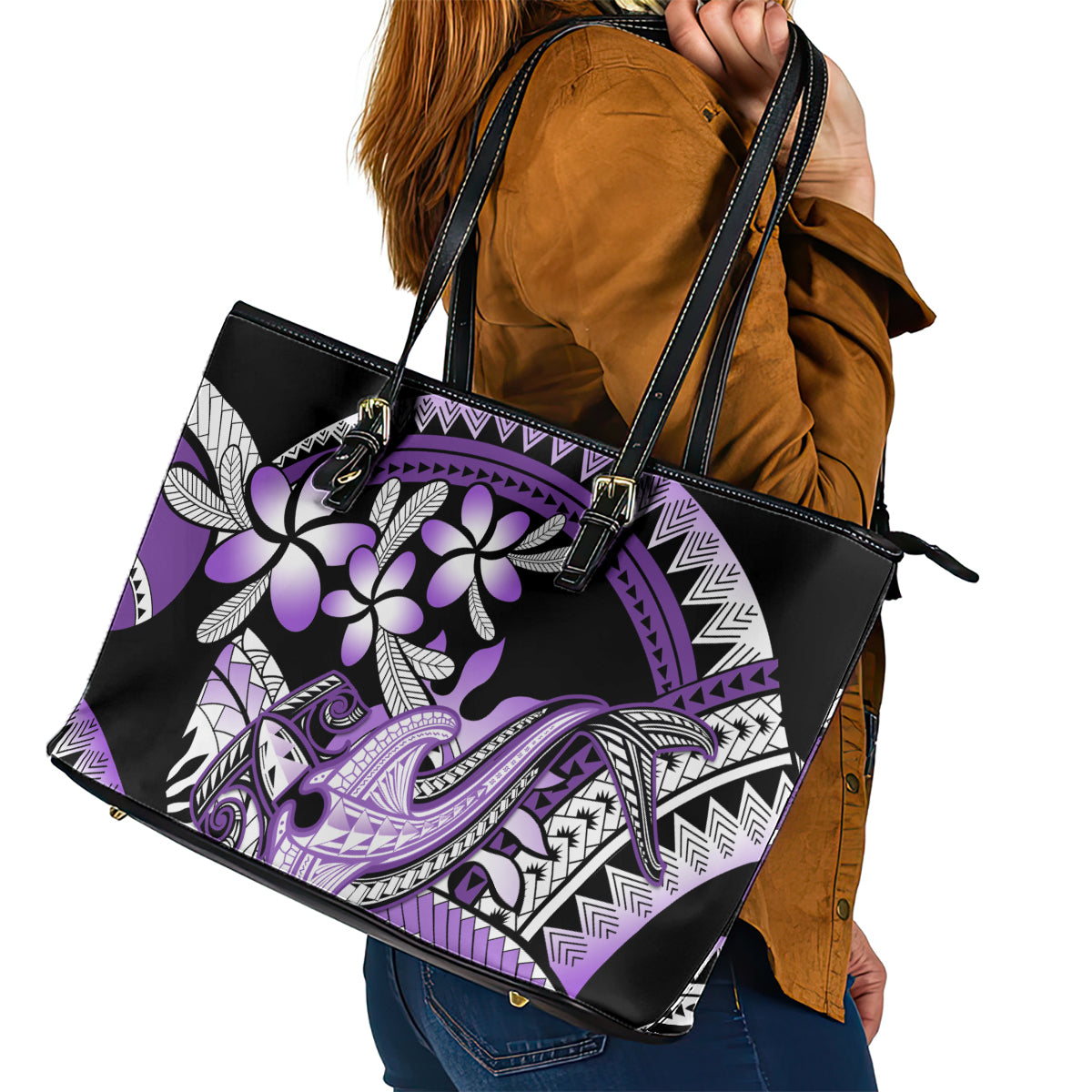 Purple Polynesian Leather Tote Bag Hammerhead Shark Tattoo Royal Plumeria Gradient Vibes LT14 - Polynesian Pride