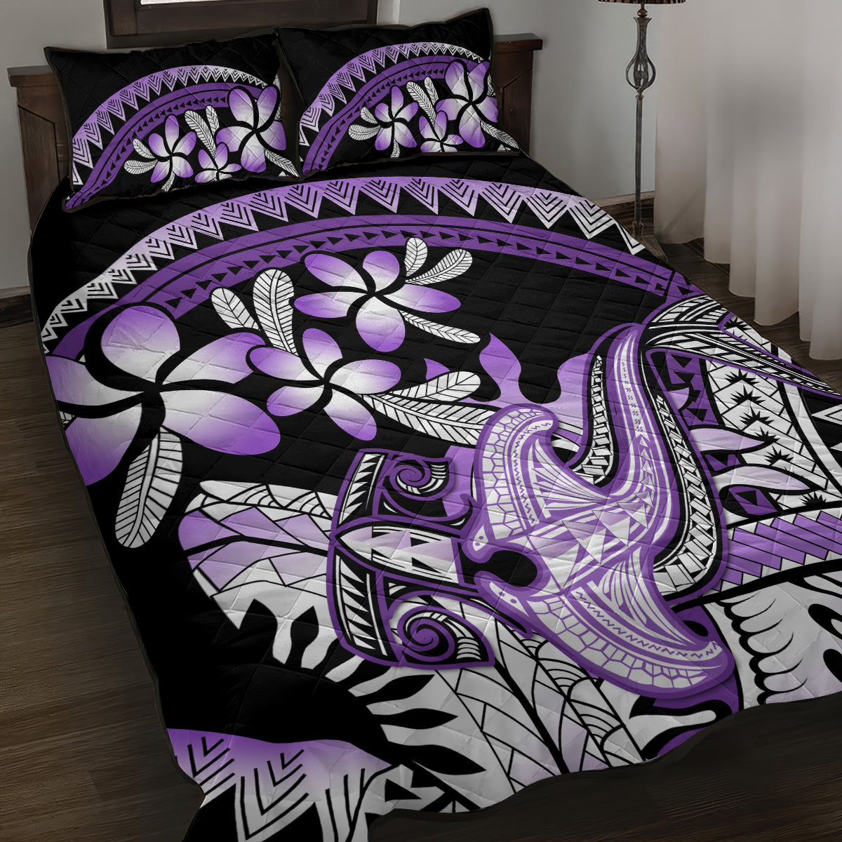 Purple Polynesian Quilt Bed Set Hammerhead Shark Tattoo Royal Plumeria Gradient Vibes LT14 Purple - Polynesian Pride