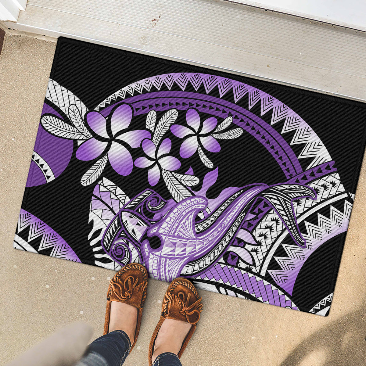 Purple Polynesian Rubber Doormat Hammerhead Shark Tattoo Royal Plumeria Gradient Vibes LT14 - Polynesian Pride