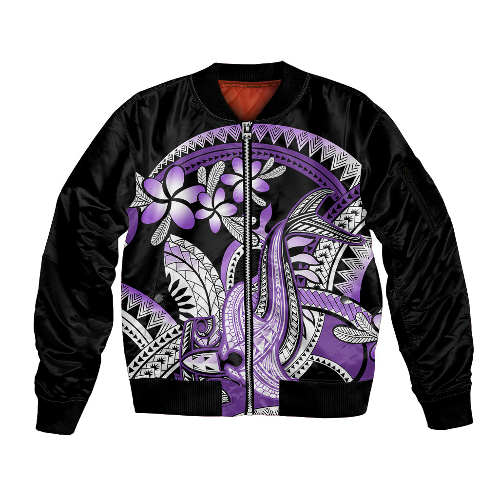 Purple Polynesian Sleeve Zip Bomber Jacket Hammerhead Shark Tattoo Royal Plumeria Gradient Vibes LT14 Unisex Purple - Polynesian Pride