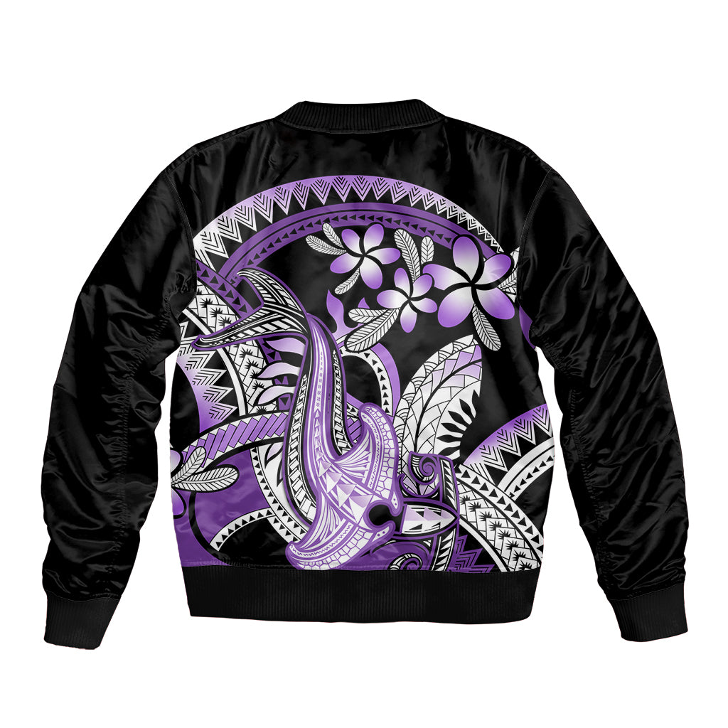 Purple Polynesian Sleeve Zip Bomber Jacket Hammerhead Shark Tattoo Royal Plumeria Gradient Vibes LT14 - Polynesian Pride