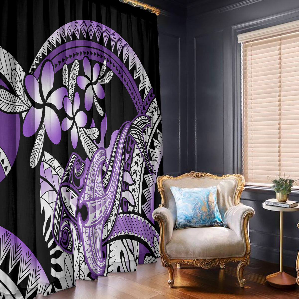 Purple Polynesian Window Curtain Hammerhead Shark Tattoo Royal Plumeria Gradient Vibes LT14 - Polynesian Pride