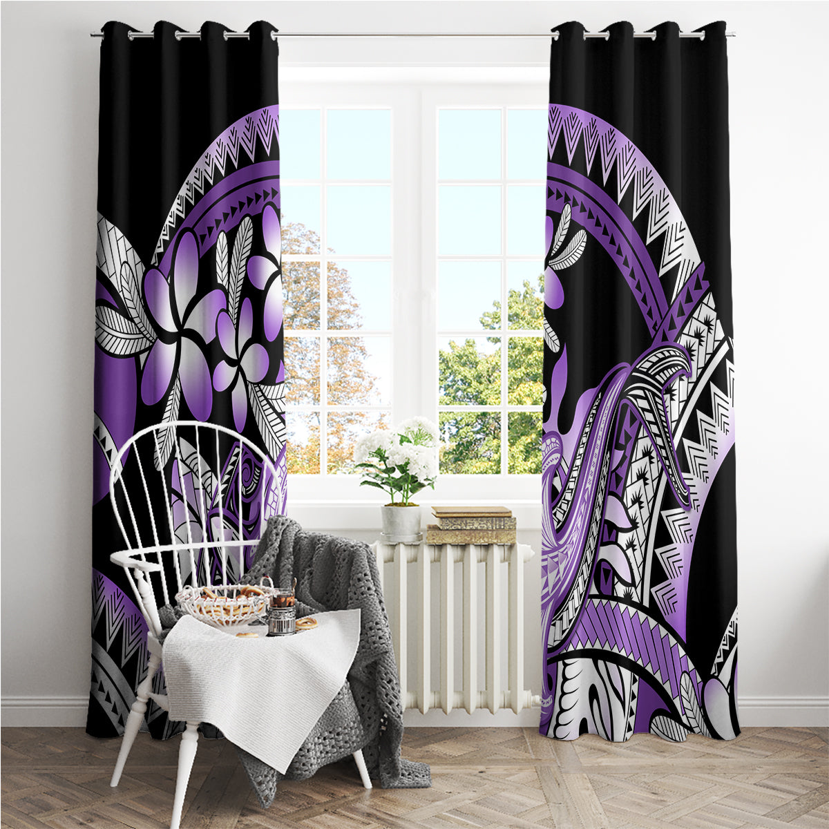 Purple Polynesian Window Curtain Hammerhead Shark Tattoo Royal Plumeria Gradient Vibes LT14 - Polynesian Pride