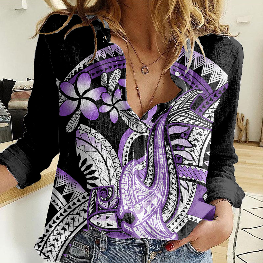 Purple Polynesian Women Casual Shirt Hammerhead Shark Tattoo Royal Plumeria Gradient Vibes LT14 Female Purple - Polynesian Pride