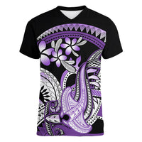 Purple Polynesian Women V Neck T Shirt Hammerhead Shark Tattoo Royal Plumeria Gradient Vibes LT14 Female Purple - Polynesian Pride