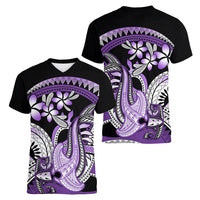 Purple Polynesian Women V Neck T Shirt Hammerhead Shark Tattoo Royal Plumeria Gradient Vibes LT14 - Polynesian Pride