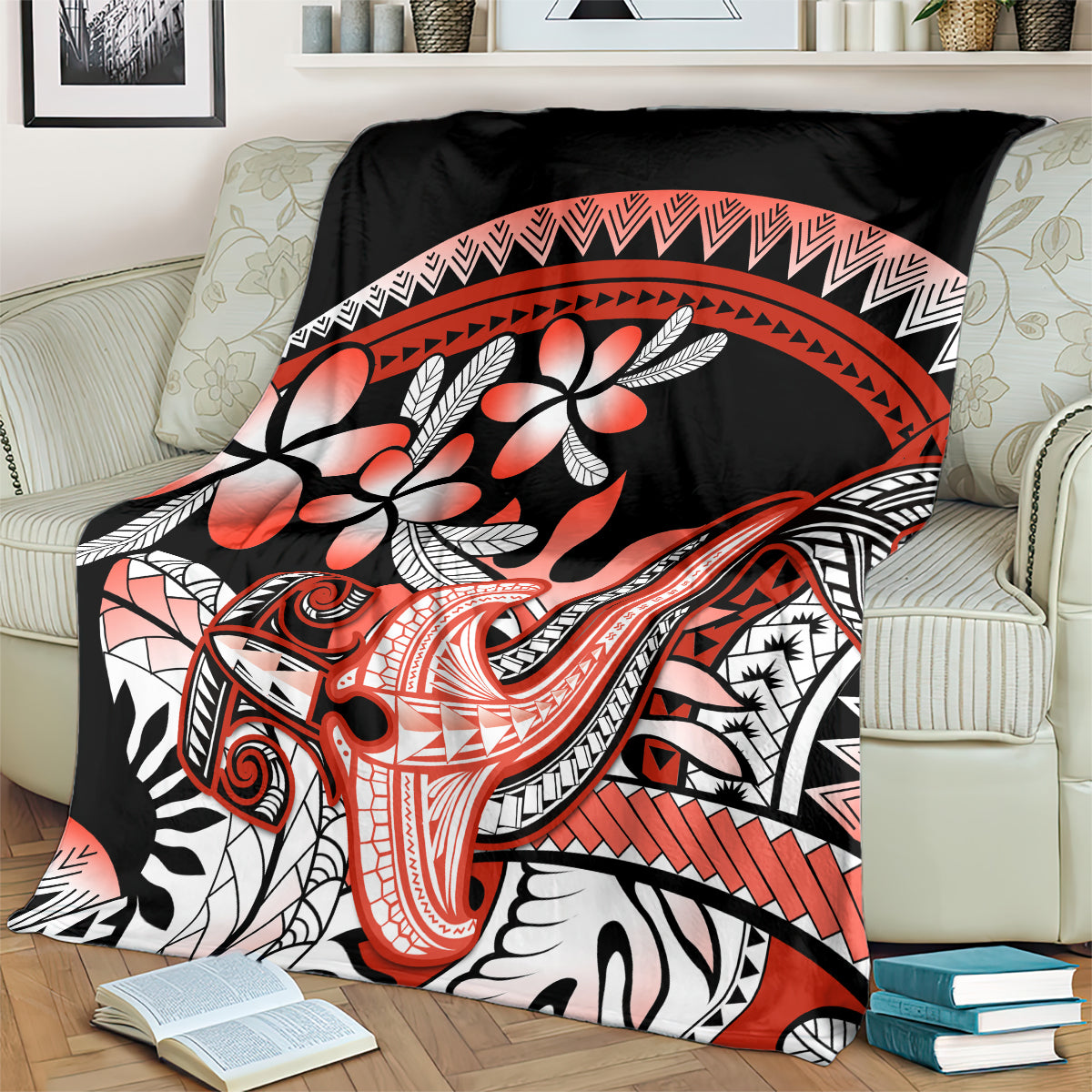 Red Polynesian Blanket Hammerhead Shark Tattoo Royal Plumeria Gradient Vibes LT14 - Polynesian Pride