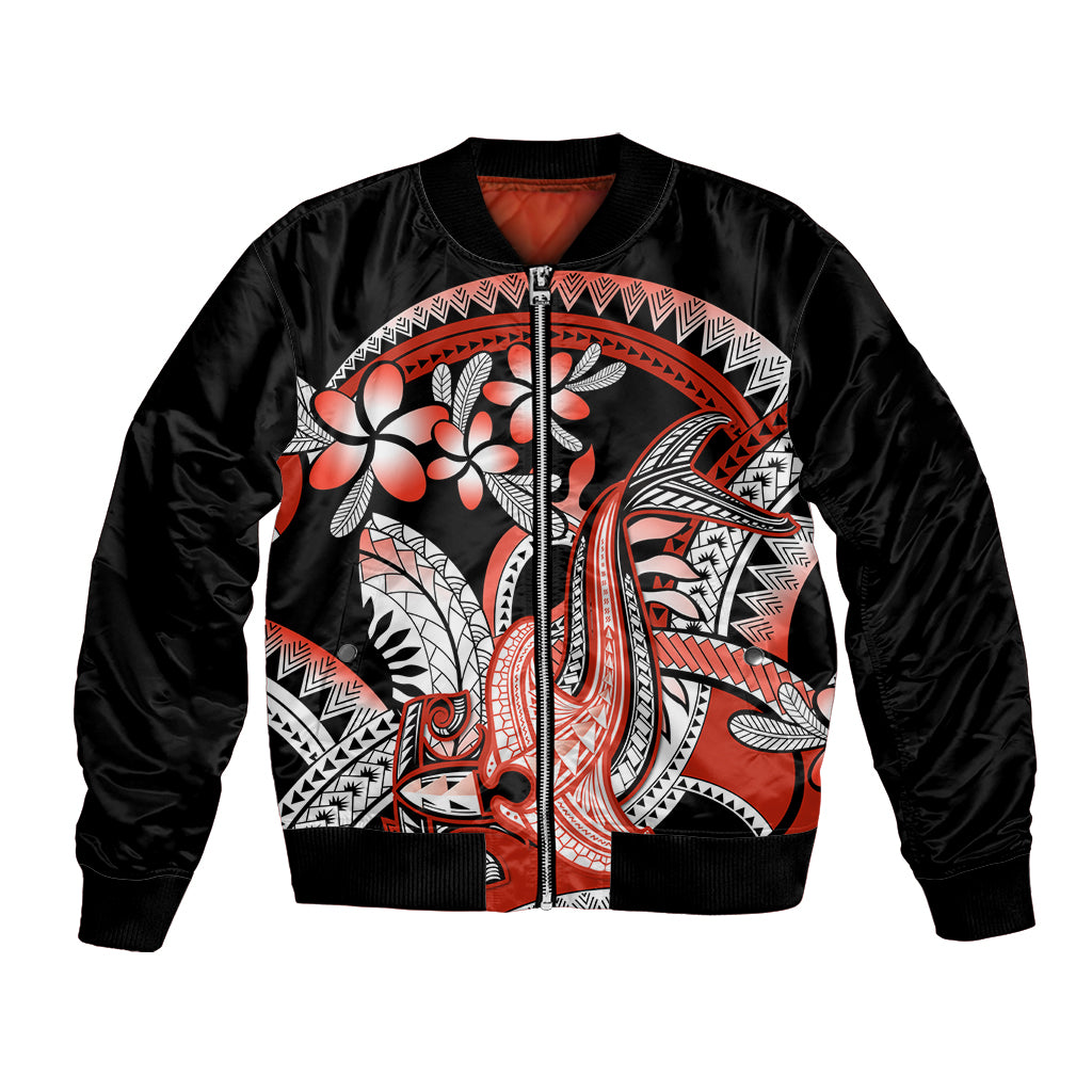 Red Polynesian Bomber Jacket Hammerhead Shark Tattoo Royal Plumeria Gradient Vibes LT14 Unisex Red - Polynesian Pride