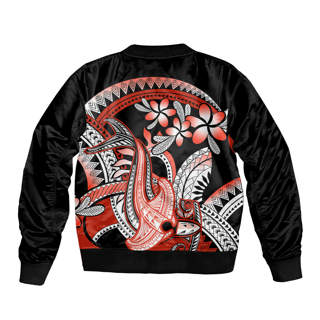 Red Polynesian Bomber Jacket Hammerhead Shark Tattoo Royal Plumeria Gradient Vibes LT14 - Polynesian Pride