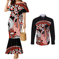 Red Polynesian Couples Matching Mermaid Dress and Long Sleeve Button Shirt Hammerhead Shark Tattoo Royal Plumeria Gradient Vibes LT14 Red - Polynesian Pride