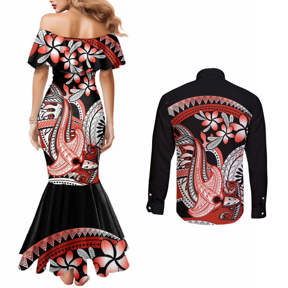 Red Polynesian Couples Matching Mermaid Dress and Long Sleeve Button Shirt Hammerhead Shark Tattoo Royal Plumeria Gradient Vibes LT14 - Polynesian Pride