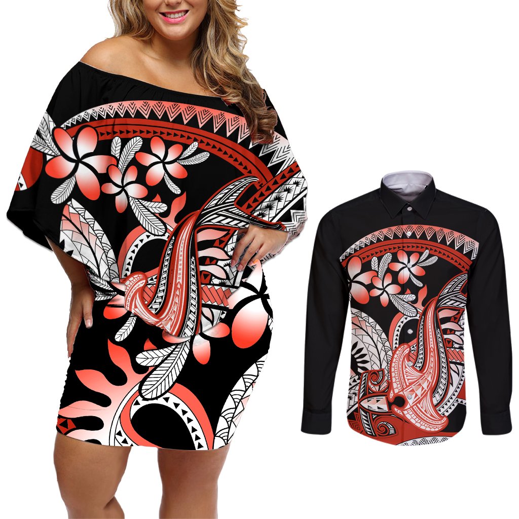 Red Polynesian Couples Matching Off Shoulder Short Dress and Long Sleeve Button Shirt Hammerhead Shark Tattoo Royal Plumeria Gradient Vibes LT14 Red - Polynesian Pride