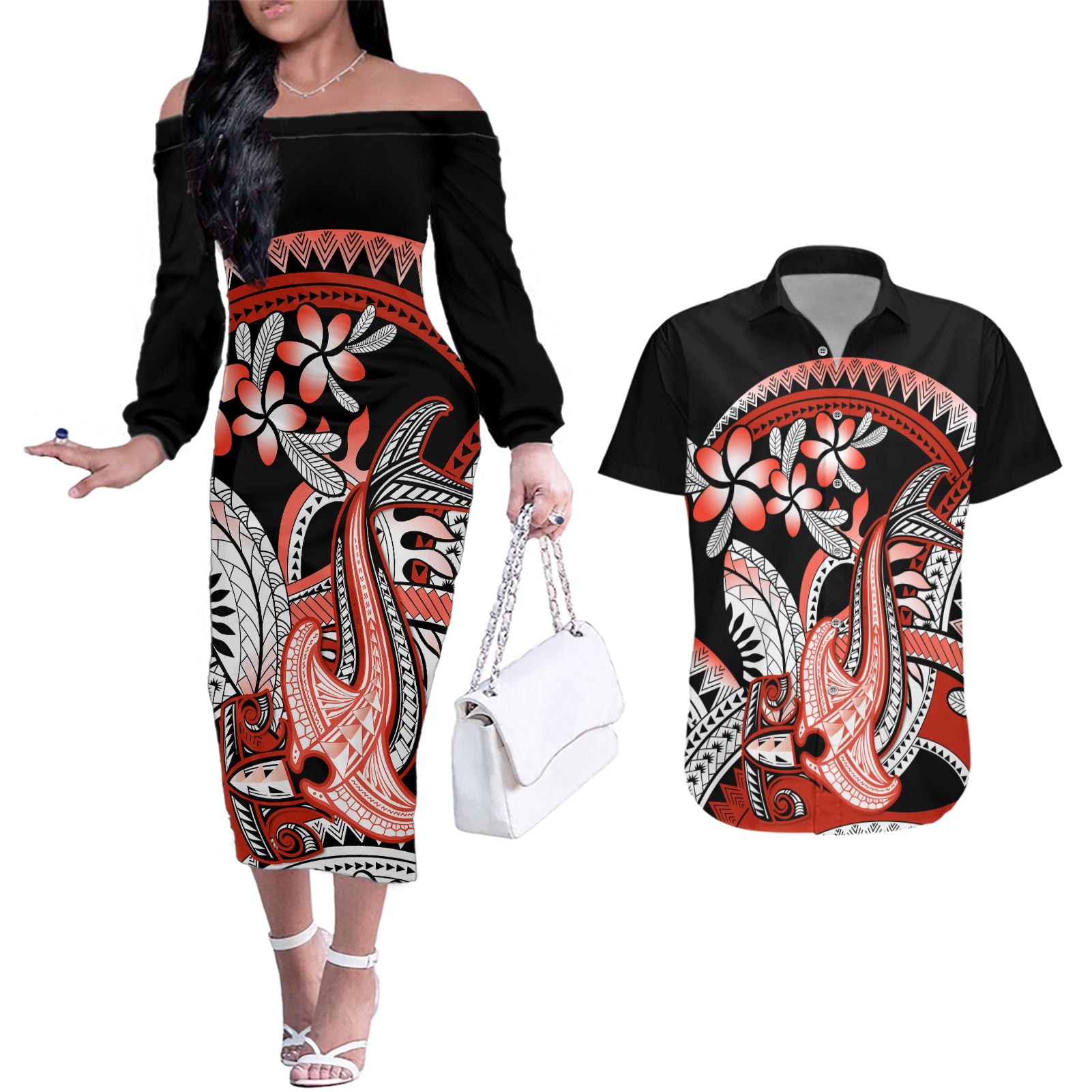 Red Polynesian Couples Matching Off The Shoulder Long Sleeve Dress and Hawaiian Shirt Hammerhead Shark Tattoo Royal Plumeria Gradient Vibes LT14 Red - Polynesian Pride