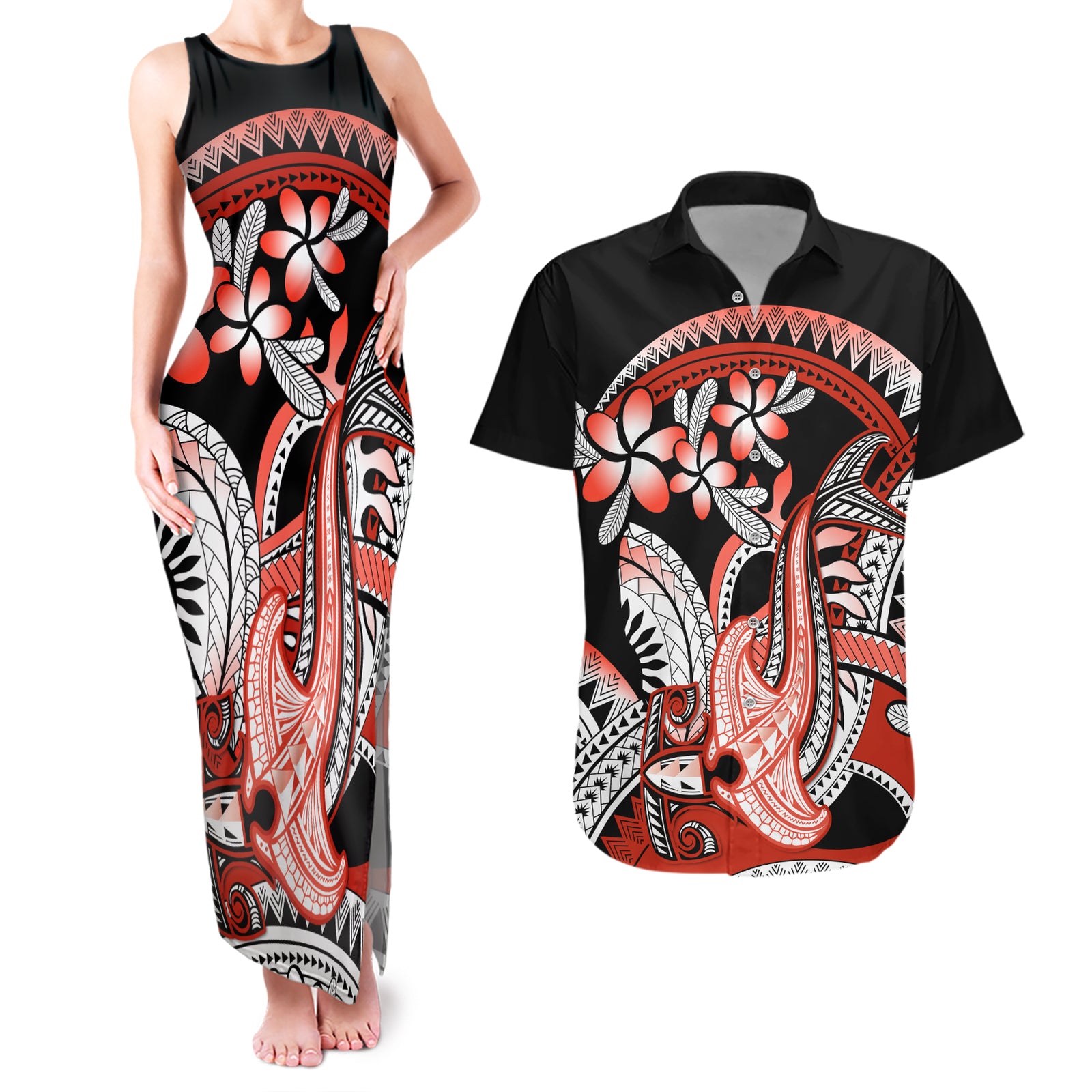 Red Polynesian Couples Matching Tank Maxi Dress and Hawaiian Shirt Hammerhead Shark Tattoo Royal Plumeria Gradient Vibes LT14 Red - Polynesian Pride