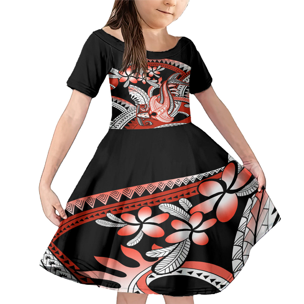 Red Polynesian Family Matching Mermaid Dress and Hawaiian Shirt Hammerhead Shark Tattoo Royal Plumeria Gradient Vibes LT14 Daughter's Dress Red - Polynesian Pride