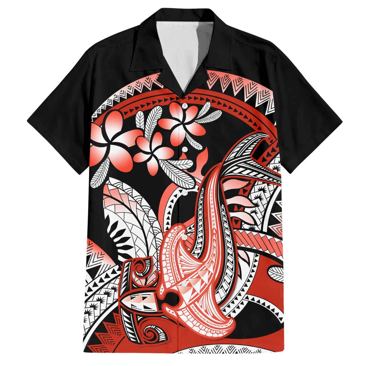 Red Polynesian Family Matching Short Sleeve Bodycon Dress and Hawaiian Shirt Hammerhead Shark Tattoo Royal Plumeria Gradient Vibes LT14 Dad's Shirt - Short Sleeve Red - Polynesian Pride