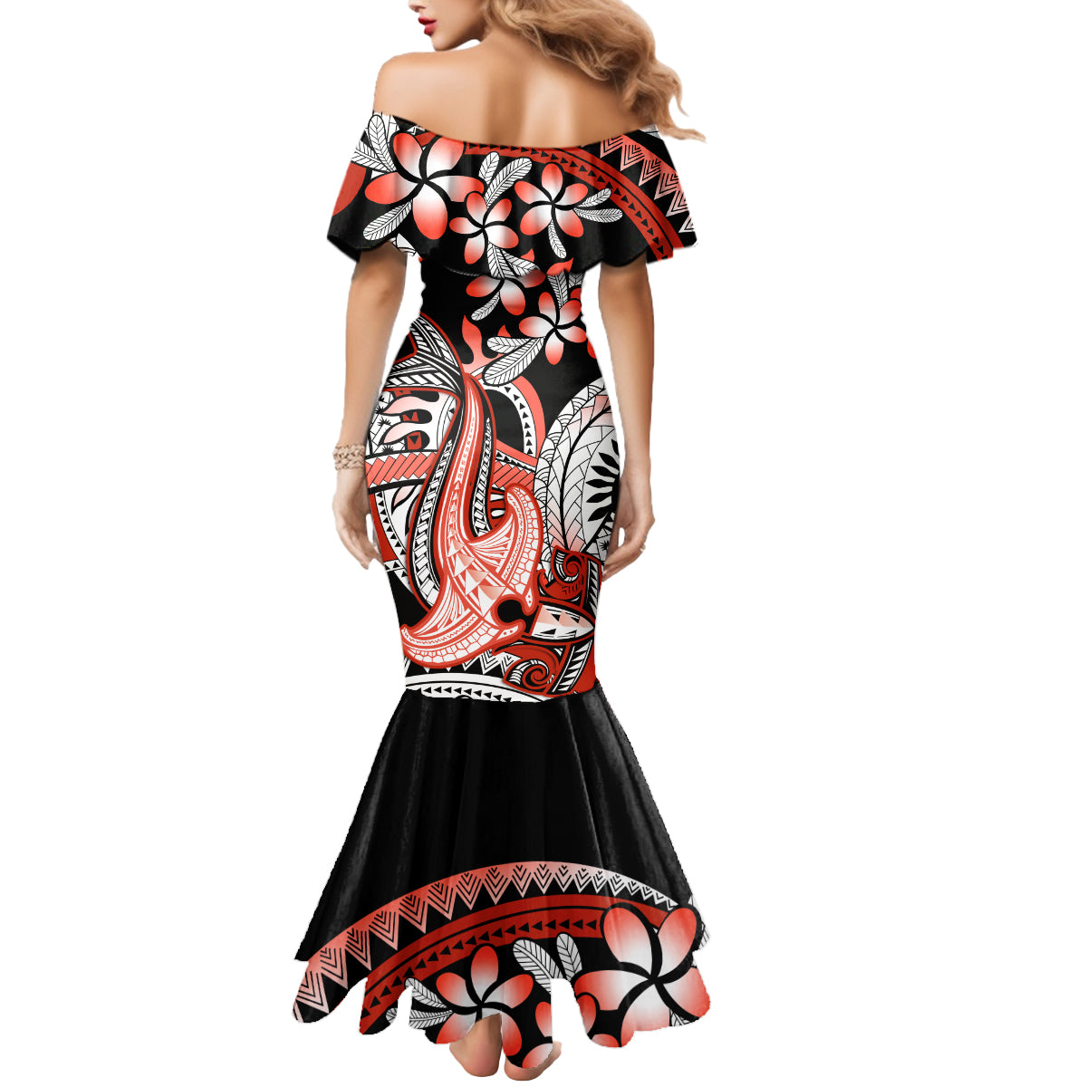 Red Polynesian Mermaid Dress Hammerhead Shark Tattoo Royal Plumeria Gradient Vibes LT14 - Polynesian Pride