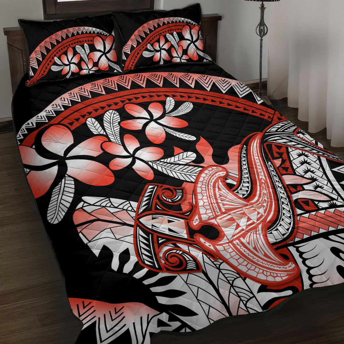Red Polynesian Quilt Bed Set Hammerhead Shark Tattoo Royal Plumeria Gradient Vibes LT14 Red - Polynesian Pride