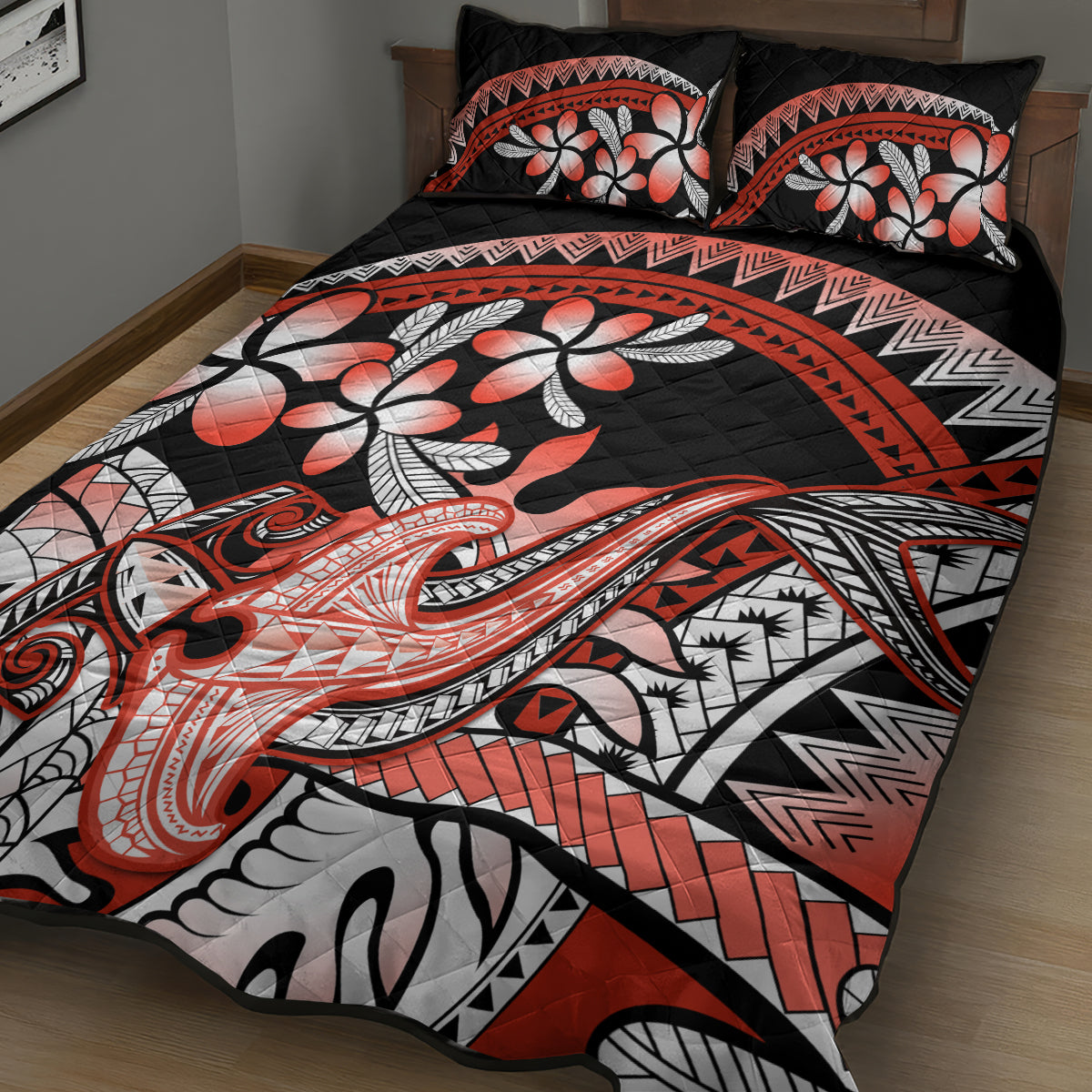 Red Polynesian Quilt Bed Set Hammerhead Shark Tattoo Royal Plumeria Gradient Vibes LT14 - Polynesian Pride