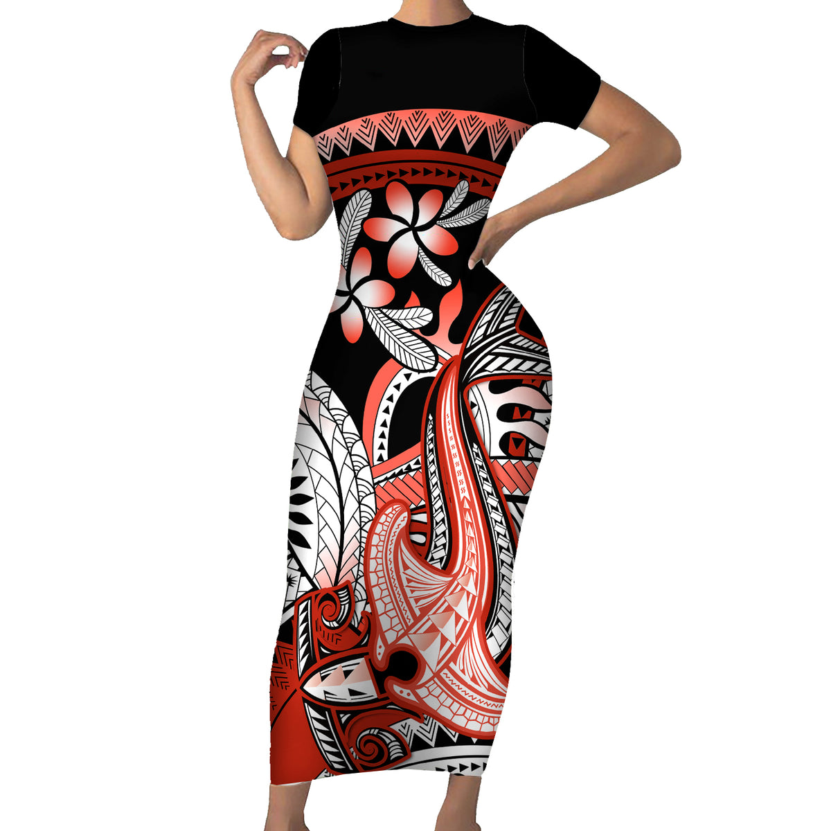 Red Polynesian Short Sleeve Bodycon Dress Hammerhead Shark Tattoo Royal Plumeria Gradient Vibes LT14 Long Dress Red - Polynesian Pride