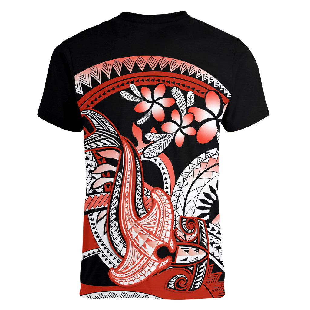 Red Polynesian Women V Neck T Shirt Hammerhead Shark Tattoo Royal Plumeria Gradient Vibes LT14 - Polynesian Pride
