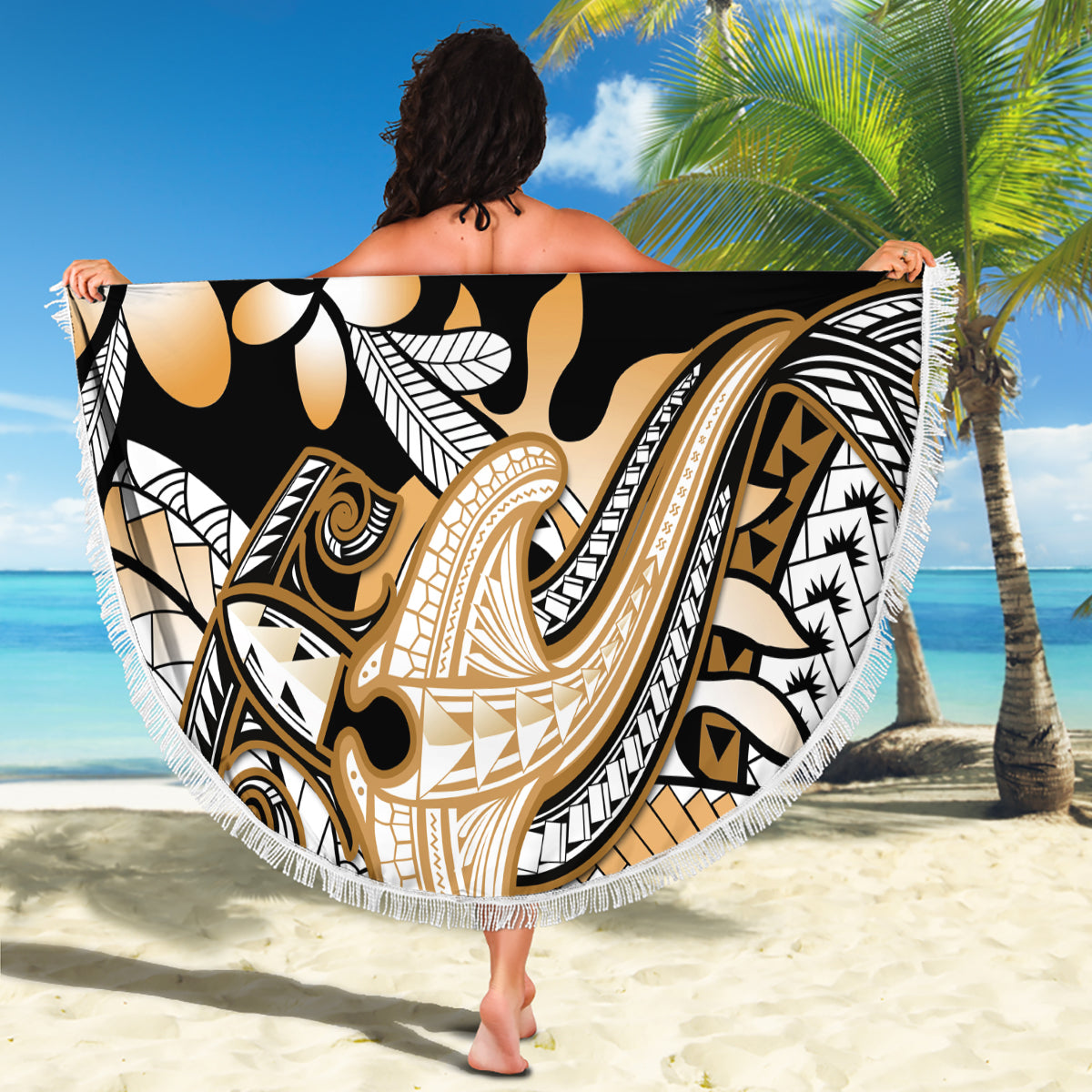 Gold Polynesian Hammerhead Shark Tattoo Beach Blanket Royal Plumeria Gradient Vibes LT14 - Polynesian Pride
