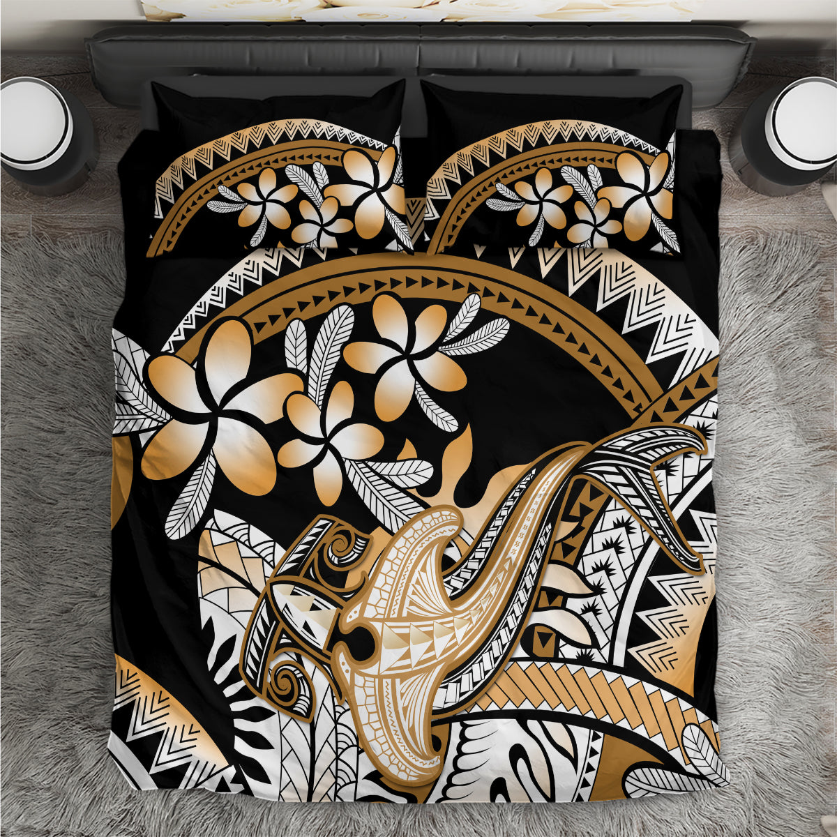 Gold Polynesian Hammerhead Shark Tattoo Bedding Set Royal Plumeria Gradient Vibes LT14 Gold - Polynesian Pride