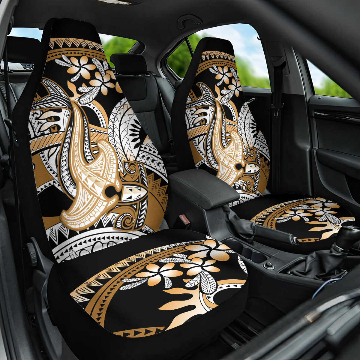 Gold Polynesian Hammerhead Shark Tattoo Car Seat Cover Royal Plumeria Gradient Vibes LT14 One Size Gold - Polynesian Pride