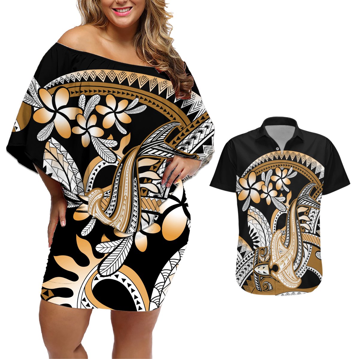 Gold Polynesian Hammerhead Shark Tattoo Couples Matching Off Shoulder Short Dress and Hawaiian Shirt Royal Plumeria Gradient Vibes LT14 Gold - Polynesian Pride