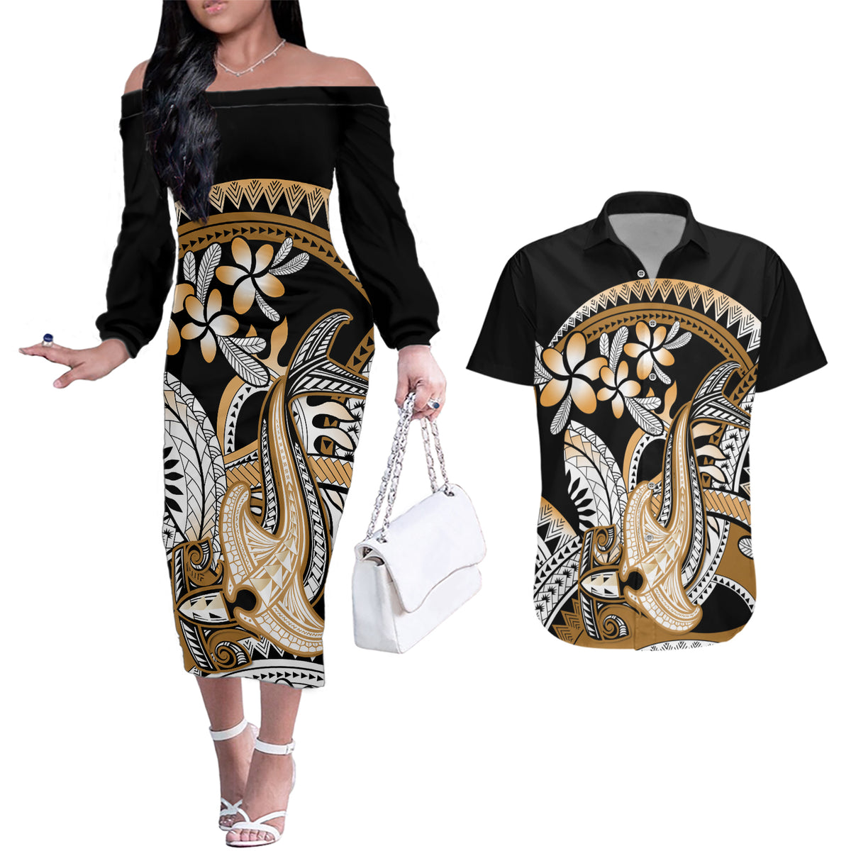 Gold Polynesian Hammerhead Shark Tattoo Couples Matching Off The Shoulder Long Sleeve Dress and Hawaiian Shirt Royal Plumeria Gradient Vibes LT14 Gold - Polynesian Pride