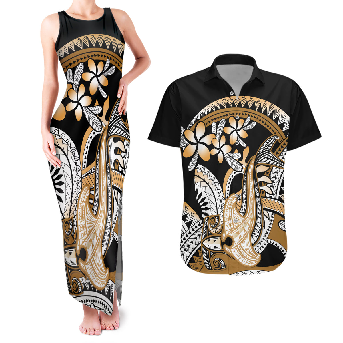 Gold Polynesian Hammerhead Shark Tattoo Couples Matching Tank Maxi Dress and Hawaiian Shirt Royal Plumeria Gradient Vibes LT14 Gold - Polynesian Pride