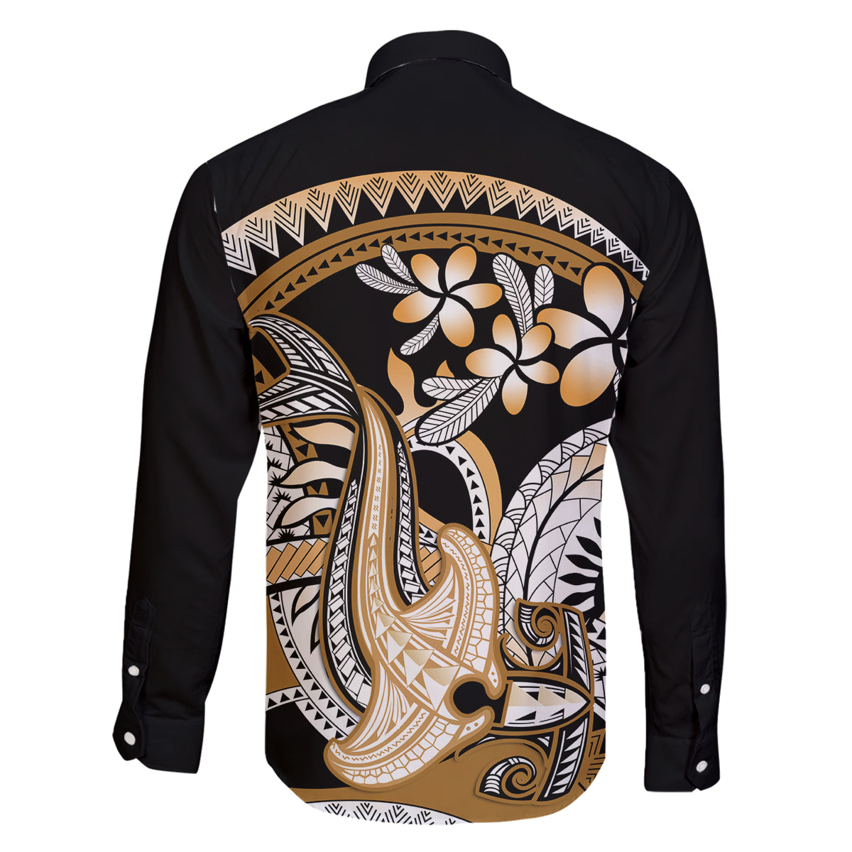 Gold Polynesian Hammerhead Shark Tattoo Family Matching Off Shoulder Long Sleeve Dress and Hawaiian Shirt Royal Plumeria Gradient Vibes LT14 - Polynesian Pride