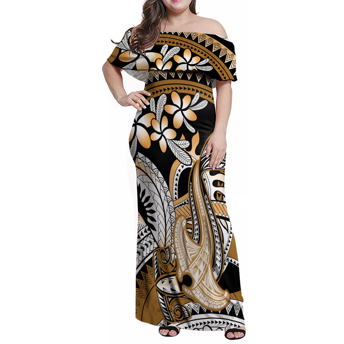 Gold Polynesian Hammerhead Shark Tattoo Family Matching Off Shoulder Maxi Dress and Hawaiian Shirt Royal Plumeria Gradient Vibes LT14 Mom's Dress Gold - Polynesian Pride