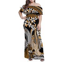 Gold Polynesian Hammerhead Shark Tattoo Family Matching Off Shoulder Maxi Dress and Hawaiian Shirt Royal Plumeria Gradient Vibes LT14 Mom's Dress Gold - Polynesian Pride