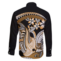 Gold Polynesian Hammerhead Shark Tattoo Family Matching Off Shoulder Short Dress and Hawaiian Shirt Royal Plumeria Gradient Vibes LT14 - Polynesian Pride