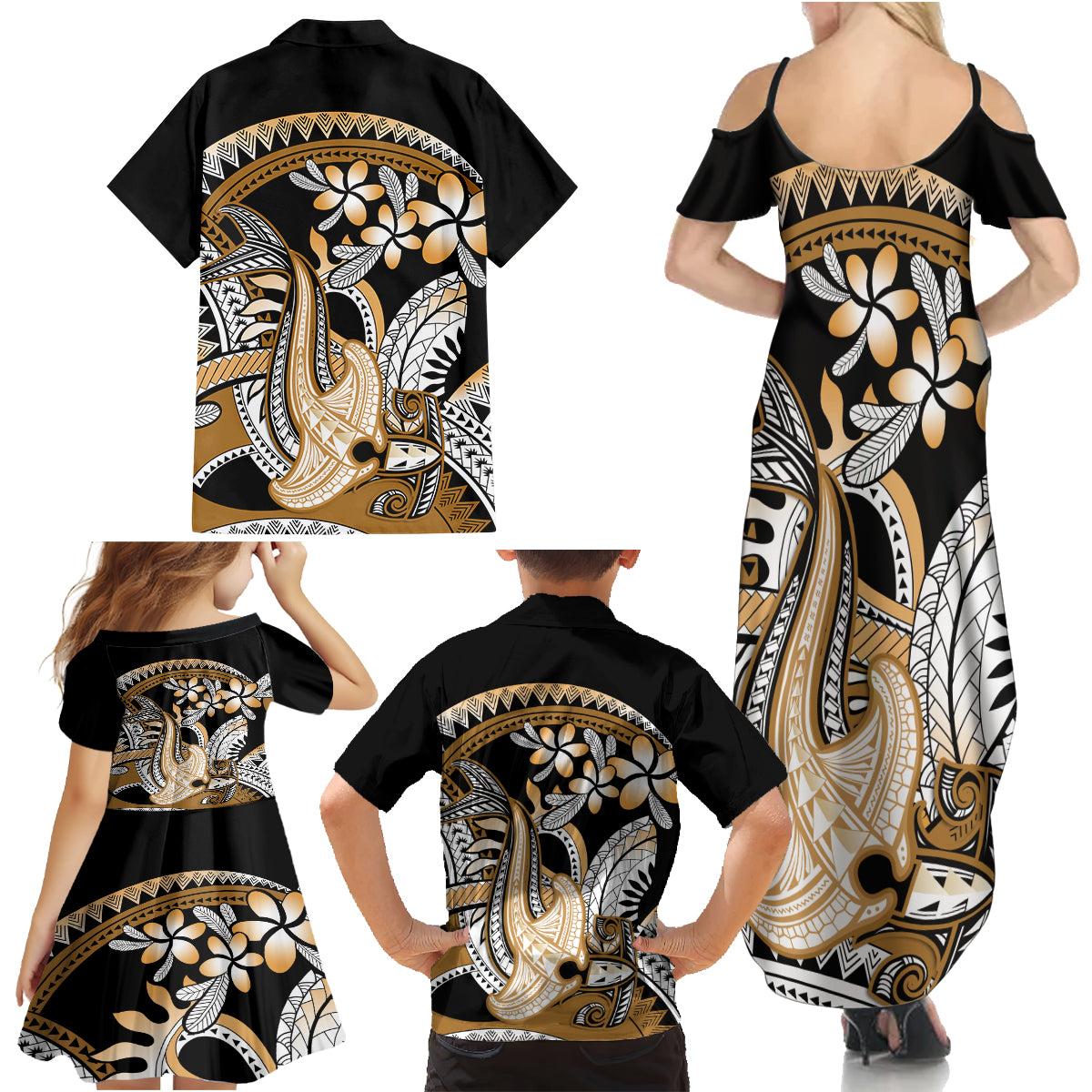 Gold Polynesian Hammerhead Shark Tattoo Family Matching Summer Maxi Dress and Hawaiian Shirt Royal Plumeria Gradient Vibes LT14 - Polynesian Pride