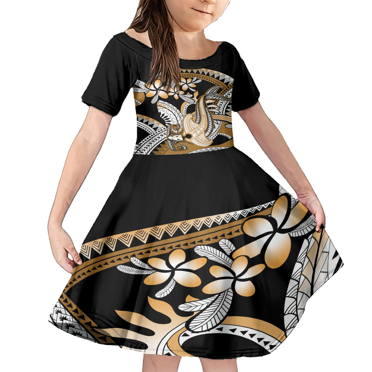 Gold Polynesian Hammerhead Shark Tattoo Family Matching Tank Maxi Dress and Hawaiian Shirt Royal Plumeria Gradient Vibes LT14 Daughter's Dress Gold - Polynesian Pride