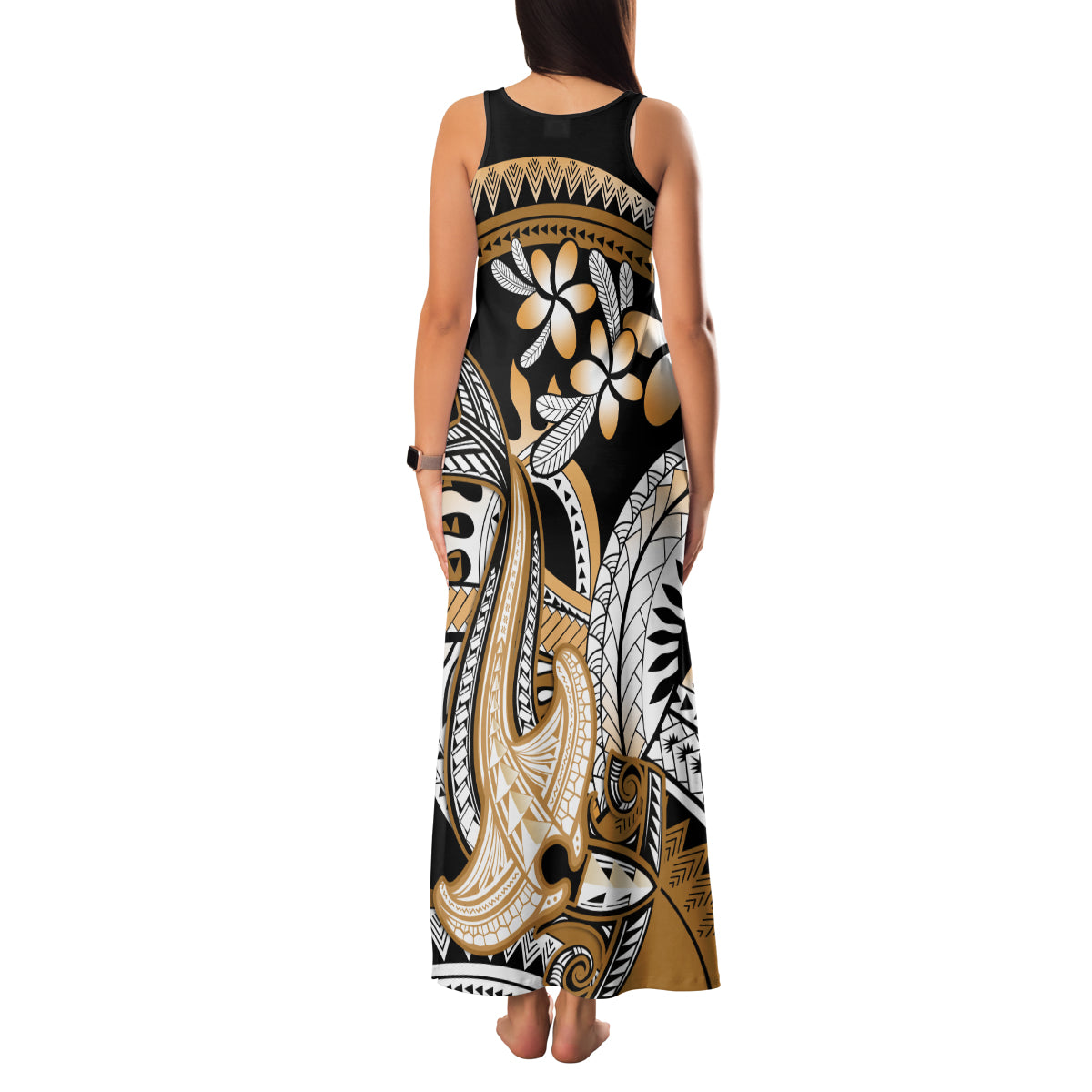 Gold Polynesian Hammerhead Shark Tattoo Family Matching Tank Maxi Dress and Hawaiian Shirt Royal Plumeria Gradient Vibes LT14 - Polynesian Pride