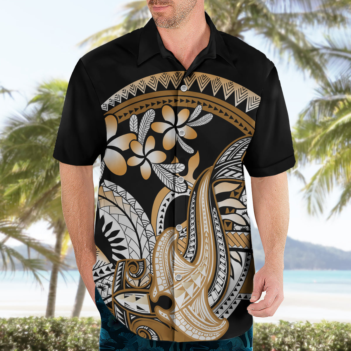 Gold Polynesian Hammerhead Shark Tattoo Hawaiian Shirt Royal Plumeria Gradient Vibes LT14 - Polynesian Pride