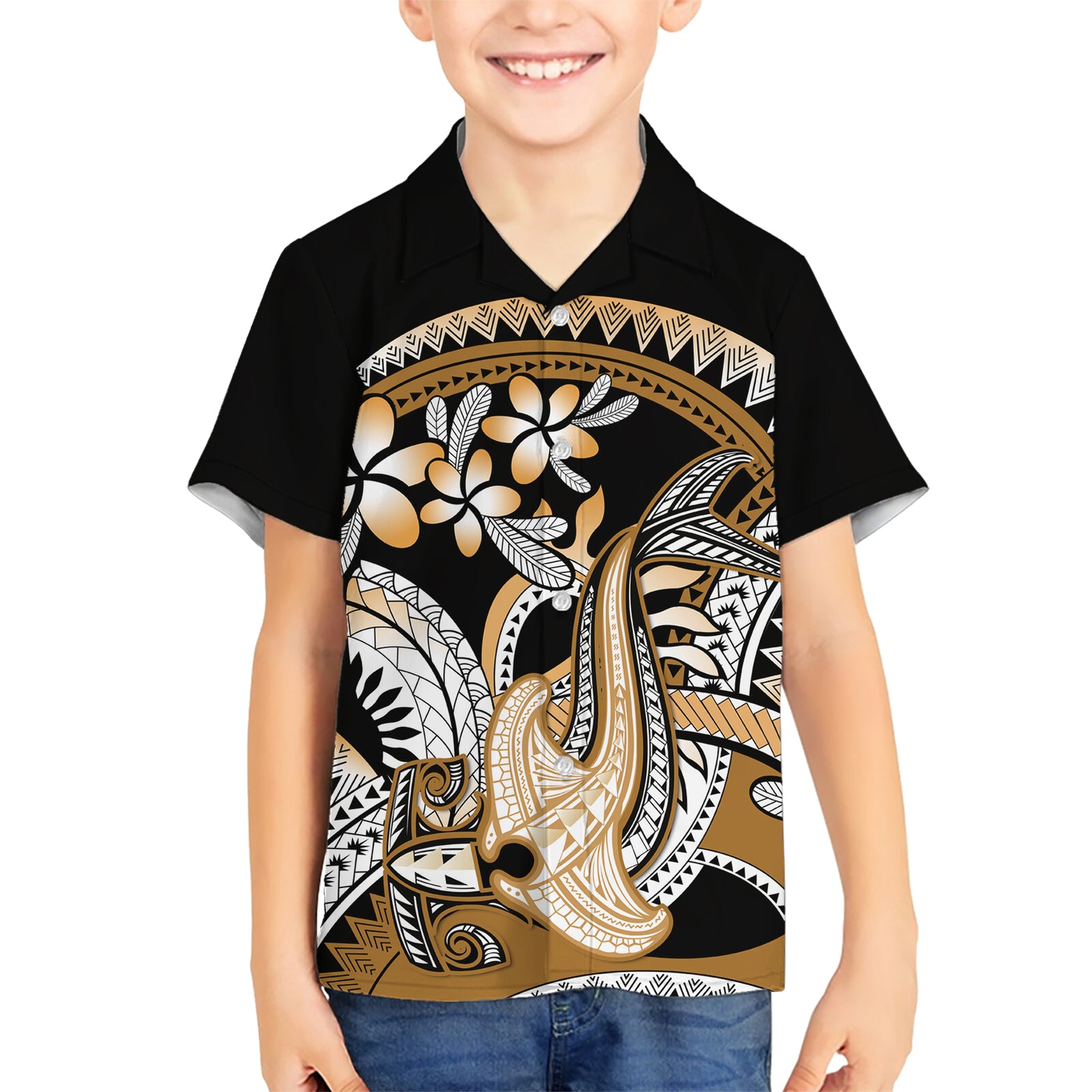 Gold Polynesian Hammerhead Shark Tattoo Kid Hawaiian Shirt Royal Plumeria Gradient Vibes LT14 Kid Gold - Polynesian Pride