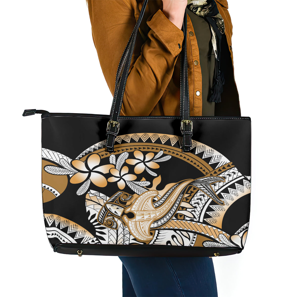 Gold Polynesian Hammerhead Shark Tattoo Leather Tote Bag Royal Plumeria Gradient Vibes LT14 - Polynesian Pride