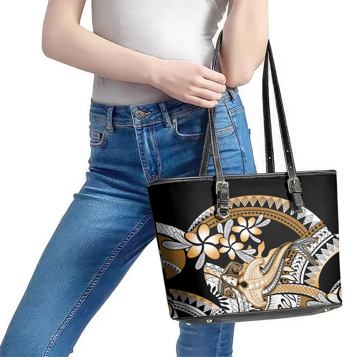 Gold Polynesian Hammerhead Shark Tattoo Leather Tote Bag Royal Plumeria Gradient Vibes LT14 - Polynesian Pride