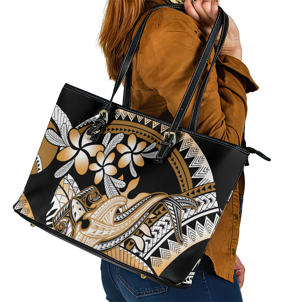 Gold Polynesian Hammerhead Shark Tattoo Leather Tote Bag Royal Plumeria Gradient Vibes LT14 - Polynesian Pride